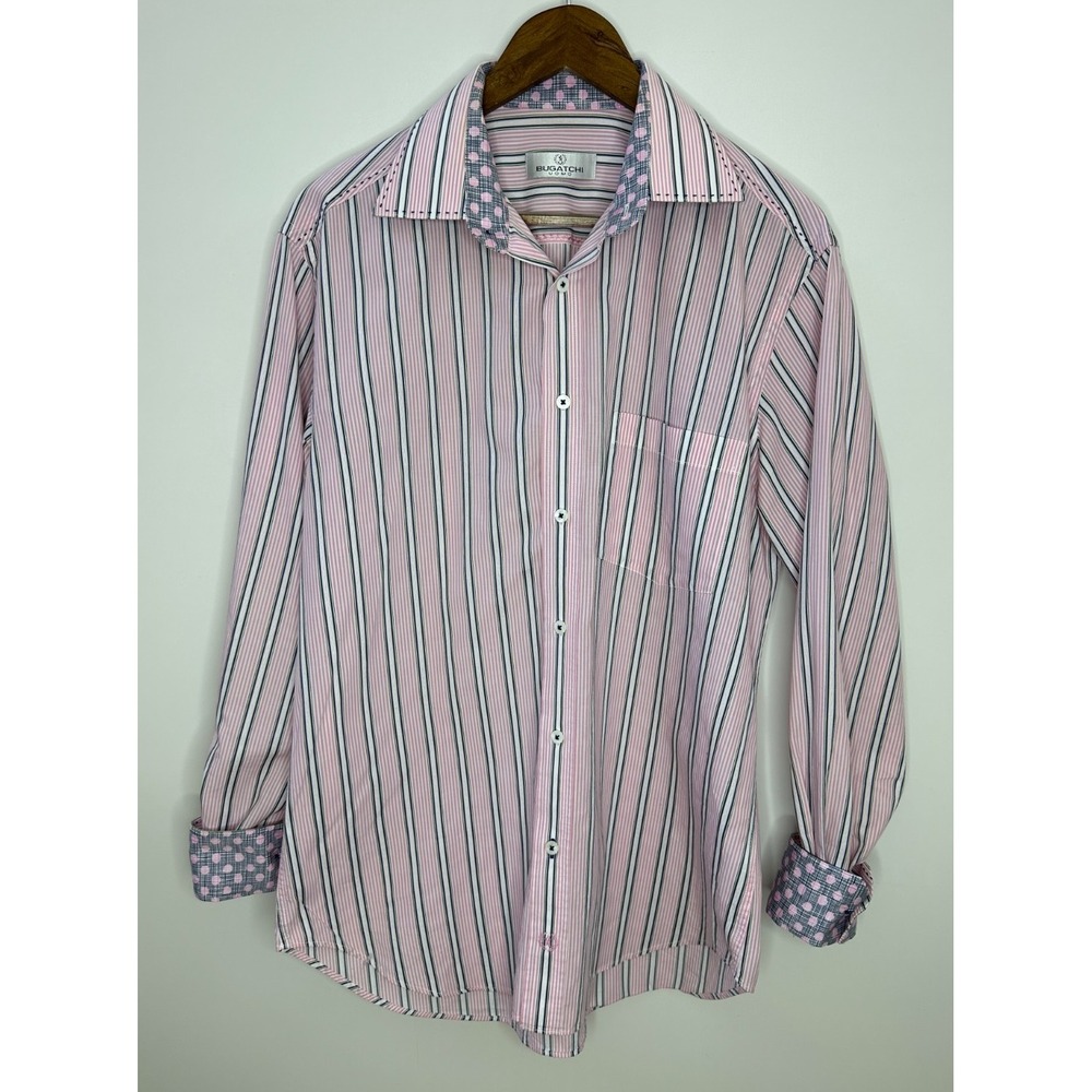 Bugatchi Uomo Pink White Striped Cotton Long Sleeve Button Down Shirt Mens Large - Picture 12 of 12